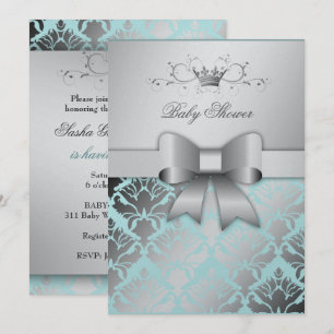 311 Damask Shimmer Bow Boy Blue Baby Shower Invitation