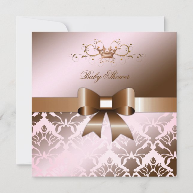 311 Damask Shimmer Bow Brown Pink Baby Shower Invitation (Front)