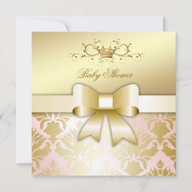 311 Damask Shimmer Bow Champagne Pink Baby Shower Invitation (Front)