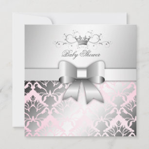 311-Damask Shimmer Bow Precious Pink Baby Shower Invitation