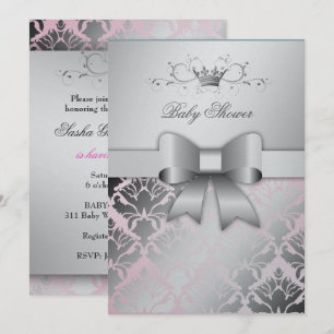 311 Damask Shimmer Bow Precious Pink Baby Shower Invitation