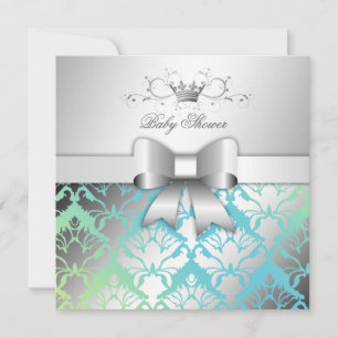 311-Damask Shimmer Bow Turquoise Lime Baby Shower Invitation