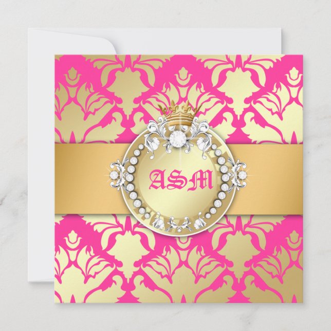 311-Damask Shimmer Queen Sweet Sixteen Golden Pink Invitation (Front)