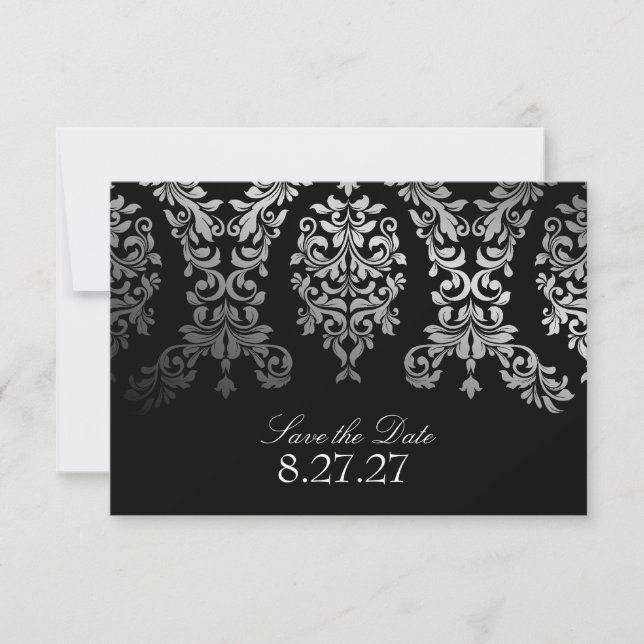 311 Dashing Damask Black Faux Silver SAVE THE DATE (Front)