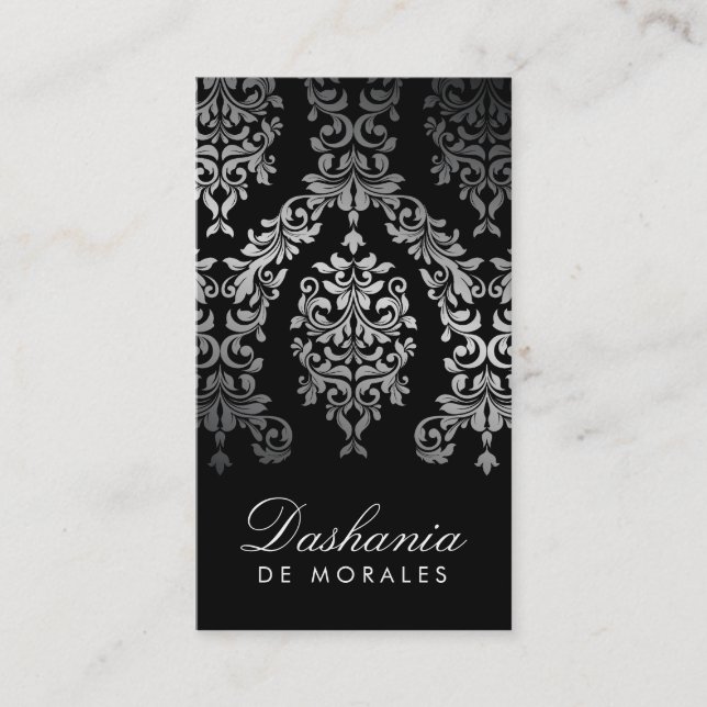 311 Dashing Damask Faux Silver Business Card (Front)