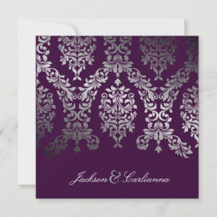 311-Dashing Damask   Faux Silver Eggplant Invitation