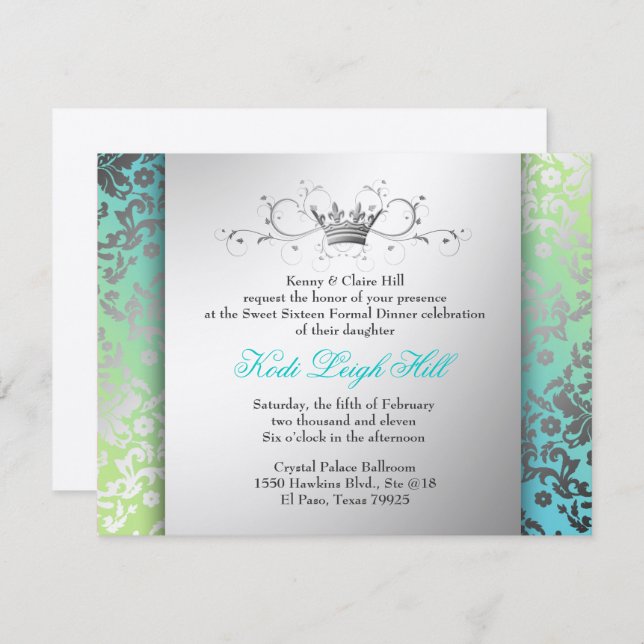 311-Dazzling Damask Turquoise & Lime Black Invitation (Front/Back)