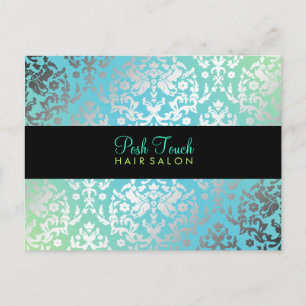 311 Dazzling Damask Turquoise & Lime Black Postcard