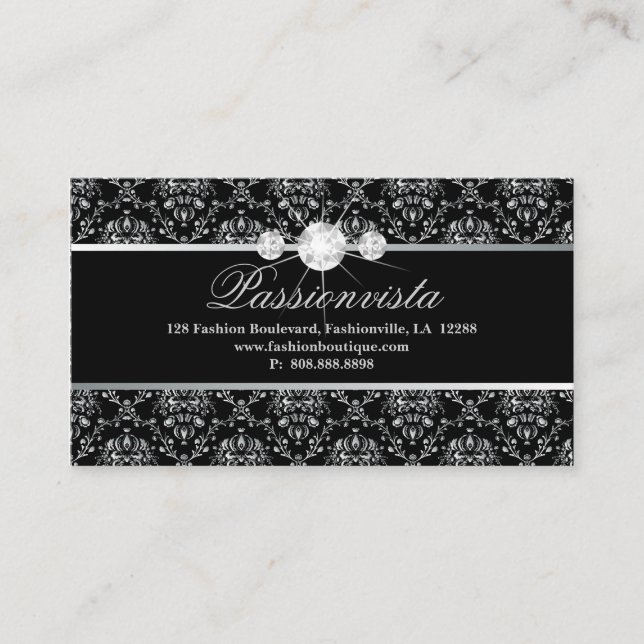 311 Elegant Jewellery Diamonds Silver Black Damask Business Card (Front)