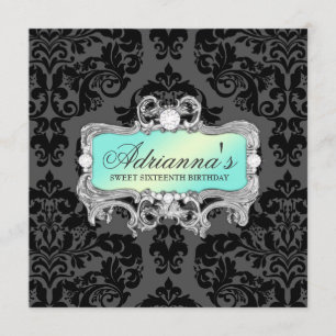 311 Glam Aqua Lime Damask Diamonds Invitation
