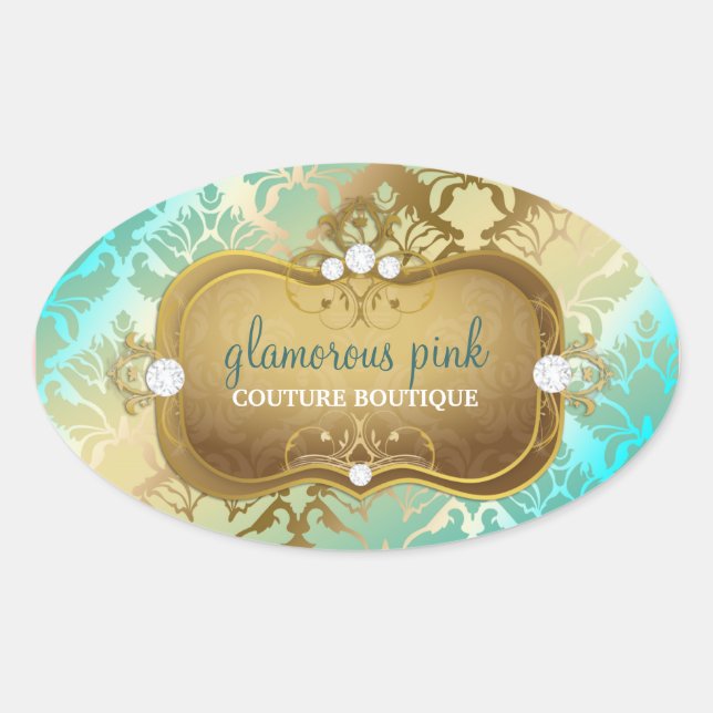 311 Glamourous Golden Ocean Damask Oval Sticker (Front)