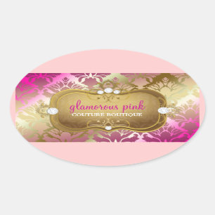 311 Glamourous Golden Pink Damask Oval Sticker