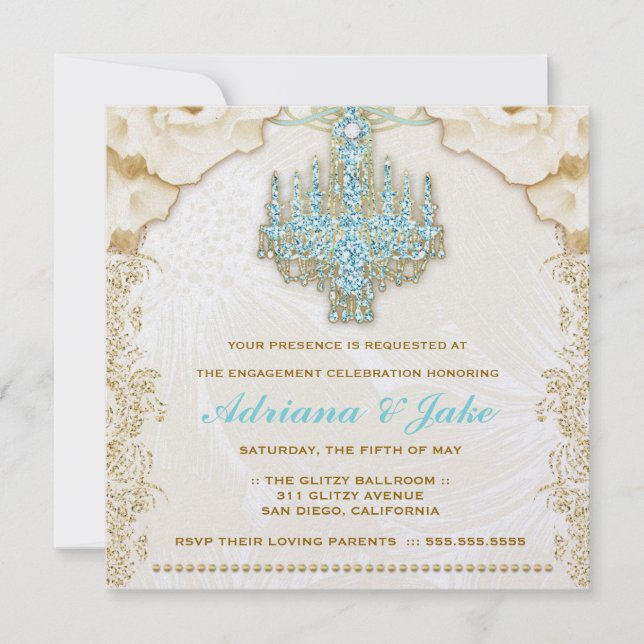 311 Glitzy Vintage Blue Chandelier Metallic Invitation (Front)