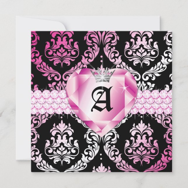 311 Haute Heart Hot Pink Lips Damask Metallic Invitation (Front)