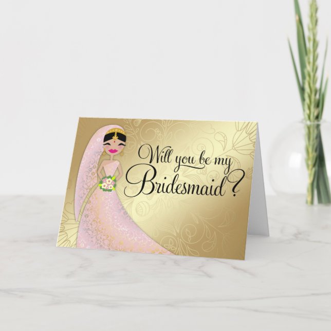 311 Henna Ornate Blush Pink Dress Brunette Indian Invitation (Front)