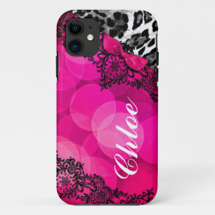 311 Hot Pink Leopard Dream in Lights Lace faux bow iPhone 11 Case