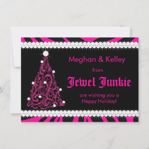 311 Hot Pink Zebra Jewelled Tree Holiday Card