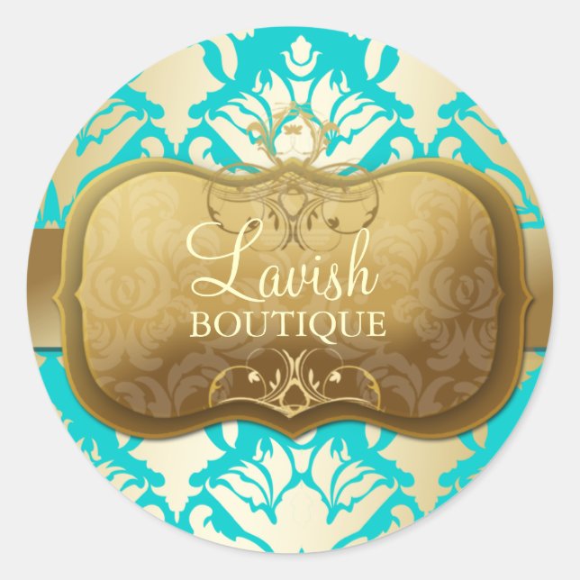 311 Lavish Golden Damask Shimmer Turquoise Classic Round Sticker (Front)