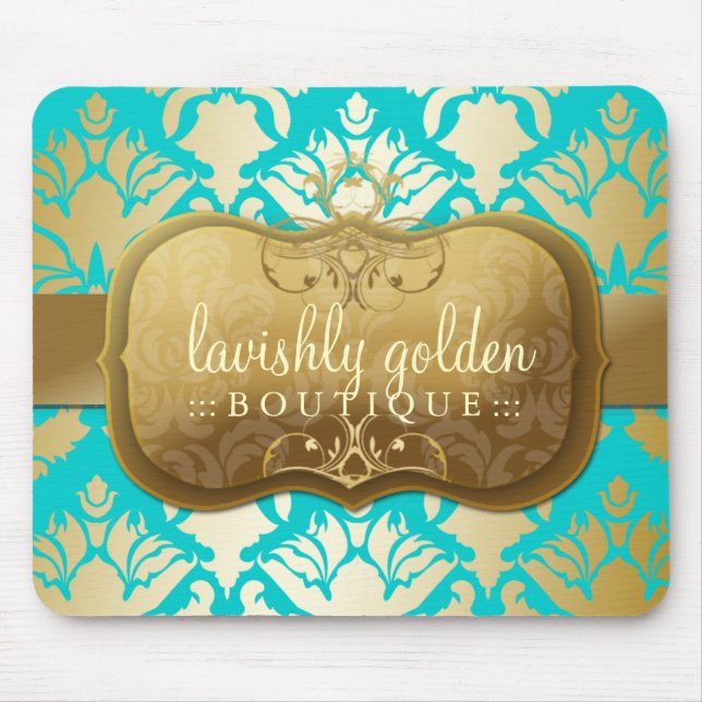 311 Lavish Golden Damask Shimmer Turquoise Mouse Mat (Front)