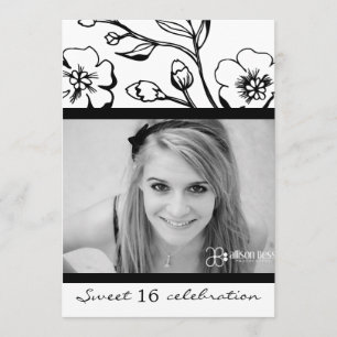 311-Lush Black & White Sweet 16 or Graduation Invitation