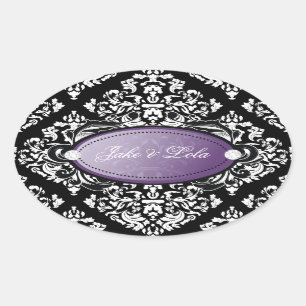 311 Luxuriously Black White Damask Purple Oval Sticker