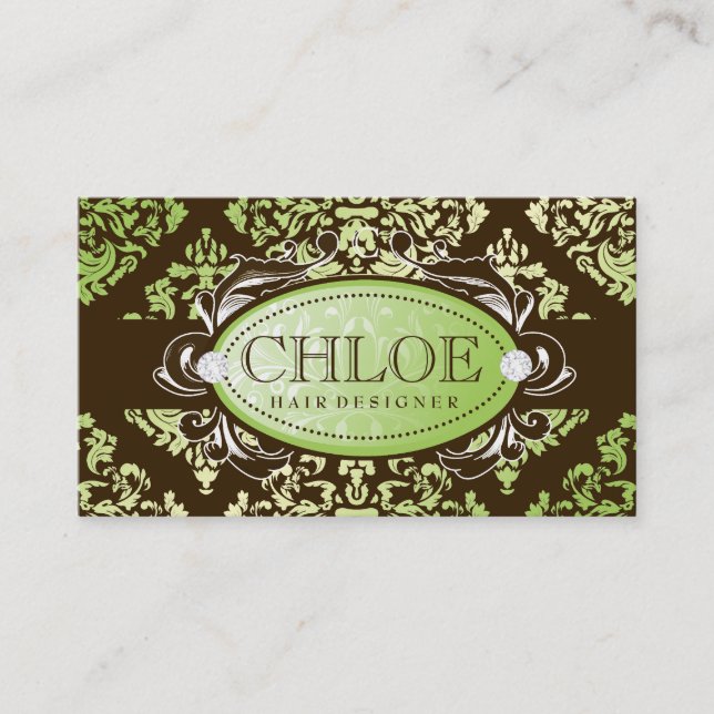 311-Luxuriously Lime Brown Damask Monogram Business Card (Front)