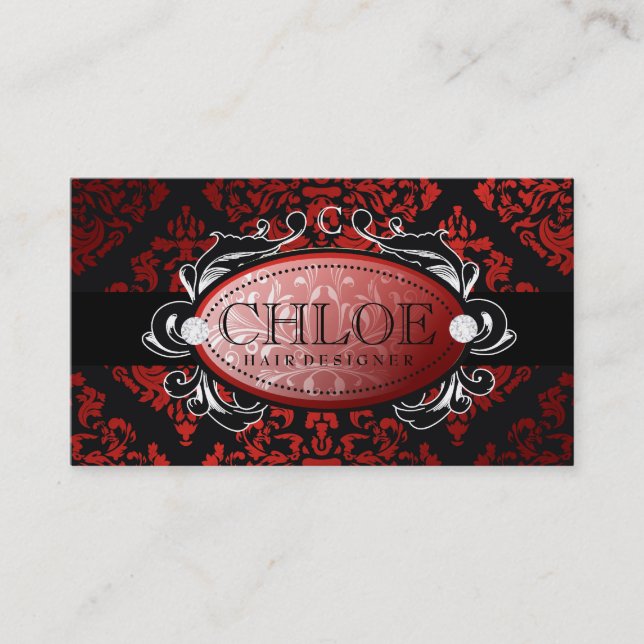 311 Luxuriously Red Liquorice Damask Monogram Business Card (Front)