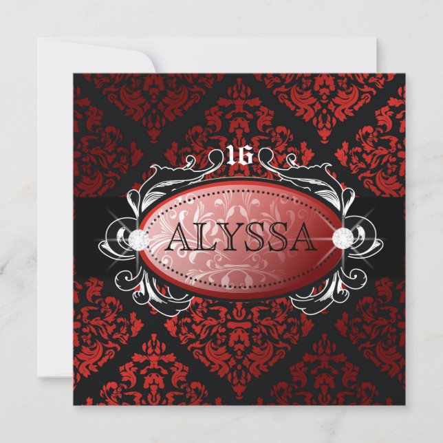 311 Luxuriously Red Liquorice Damask Sweet 16 Invitation (Front)
