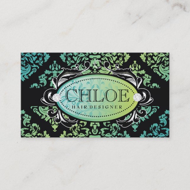 311-Luxuriously Turquoise n Lime Damask Monogram Business Card (Front)