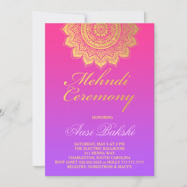 311 Mendhi Ceremony Pink Purple Ombre Invitation (Front)