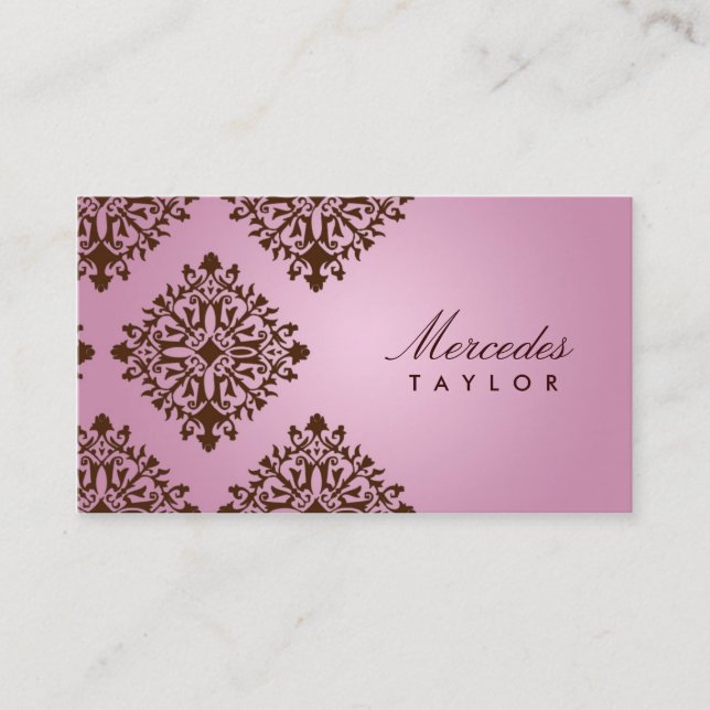 311 Mercedes Pink & Chocolate Damask Business Card (Front)