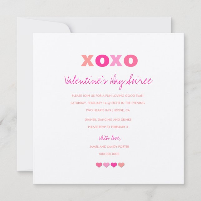 311-Metallic XOXO Hearts in a Row Invitation (Front)