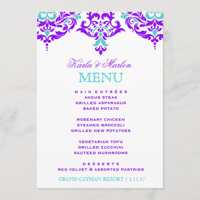 311 Mon Cherie Damask Plum Aqua Menu (Front)