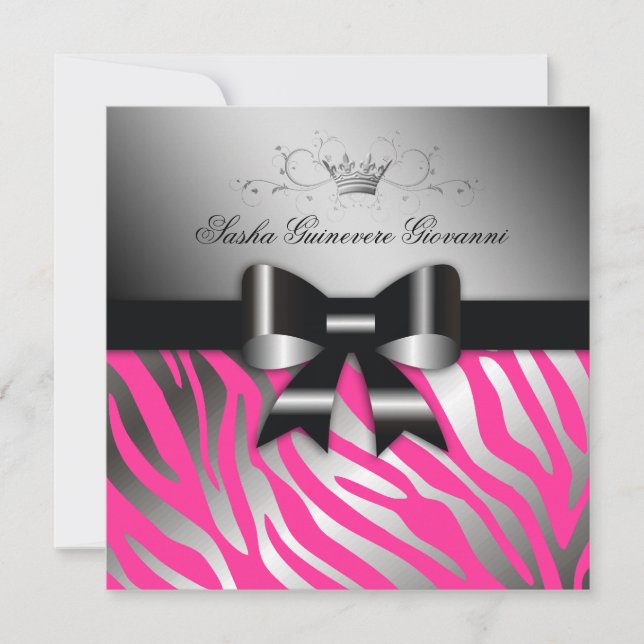 311 Night Zebra Shimmer Black Bow Hot Pink | 30 Invitation (Front)