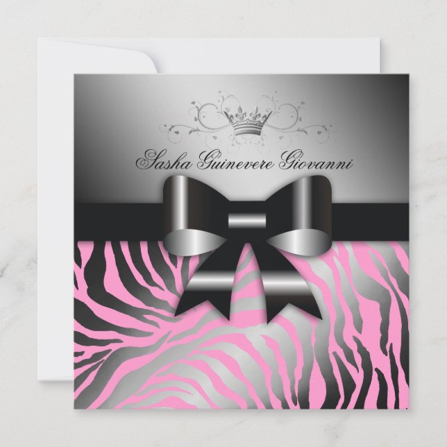 311-Night Zebra Shimmer Black Bow Pink | Sweet 16 Invitation (Front)