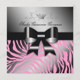 311-Night Zebra Shimmer Black Bow Pink   Sweet 16 Invitation