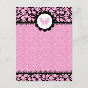 311-PINK BUTTERFLY DAMASK POSTCARD