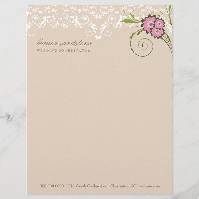 311-Pink Floral Flourish | Sand Personalized Letterhead (Front)