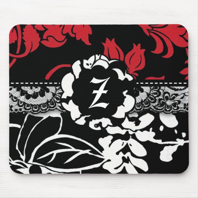 311-RED BLACK FLORAL MONOGRAM MOUSE MAT (Front)