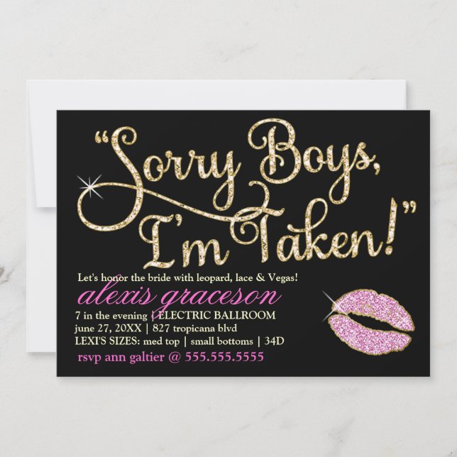 311 Sorry Boys I'm Taken Bachelorette 2 Kiss Invitation (Front)