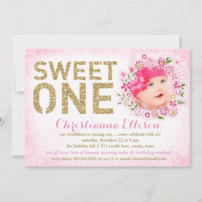 311 Sweet One First Birthday Floral Wreath Photo Invitation (Front)