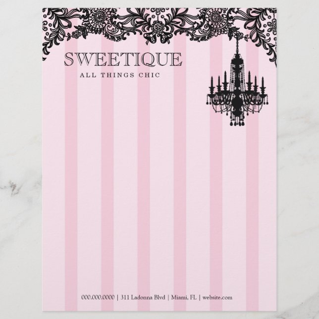 311 Sweetique Pink Stripes & Lace Chandelier Personalized Letterhead (Front)