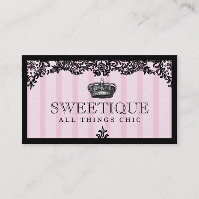 311 Sweetique Pink Stripes & Lace Shimmer Paper Business Card (Front)