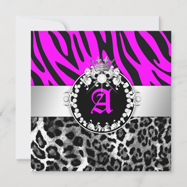 311 Zebra-LeoTique Diamonds Kisses Neon Pink Invitation (Front)