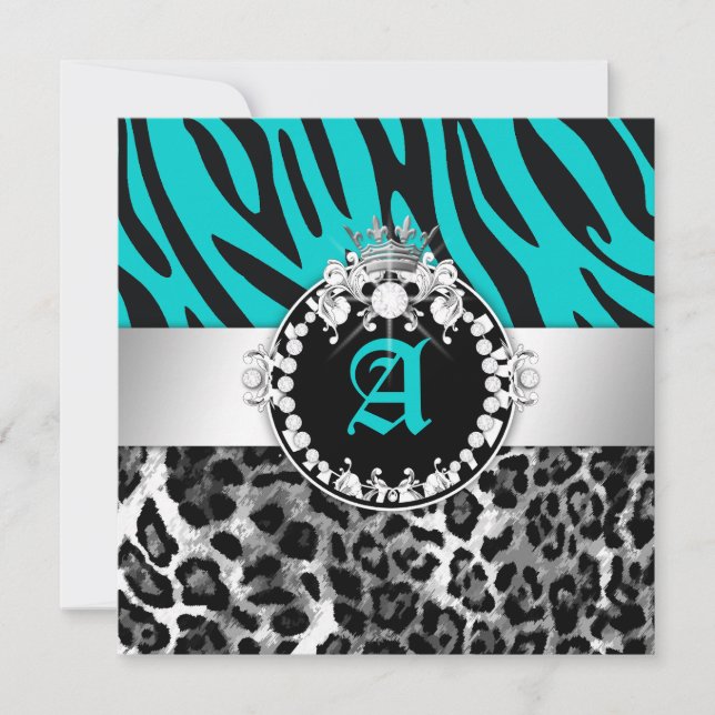 311 Zebra-LeoTique Diamonds Kisses Sweet 16 Teal Invitation (Front)