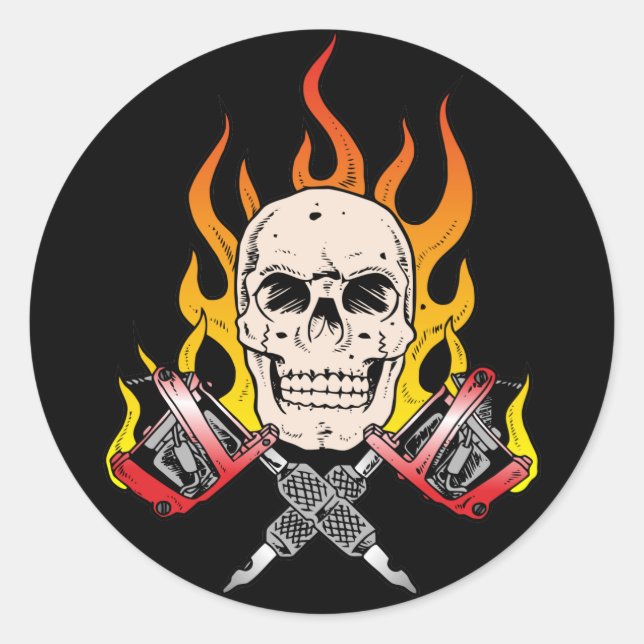 318 Flaming Skull Tattoo Classic Round Sticker (Front)