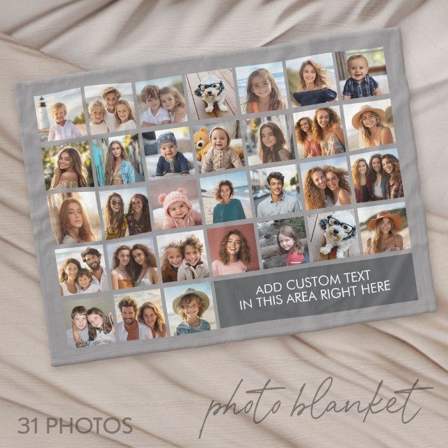 31 Photo Collage Grid - Text box - grey Fleece Blanket (Photo Blanket - Custom Pictures in a Collage)
