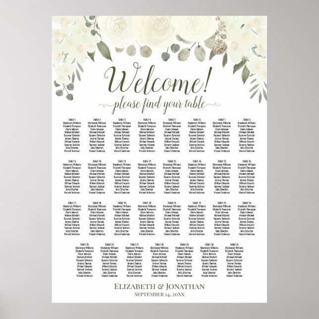 31 Table Ivory White Floral Wedding Seating Chart (Front)