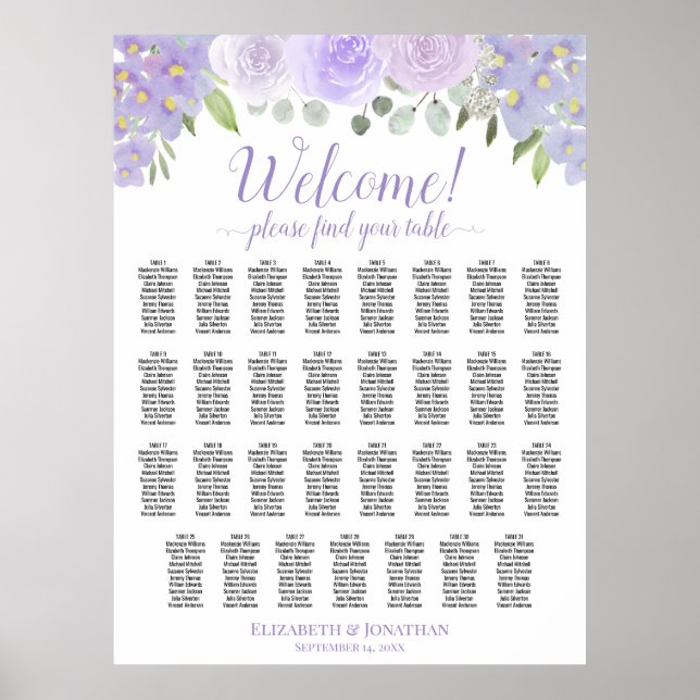 31 Table Lavender Boho Roses Wedding Seating Chart (Front)