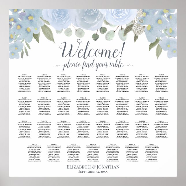 31 Table Wedding Seating Chart Dusty Blue Floral (Front)